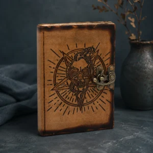 Rankų darbo odinė užrašų knygelė - Penktakampė ir Kaukolės - 18x13 cm