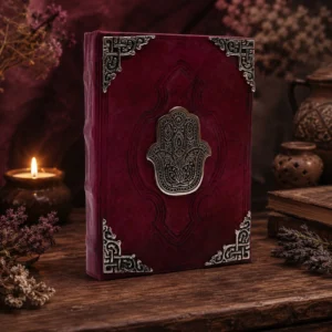 Didelė odinė užrašų knyga su cinko Hamsa dekoru - 200 puslapių neapdorotais kraštais - 26x18 cm