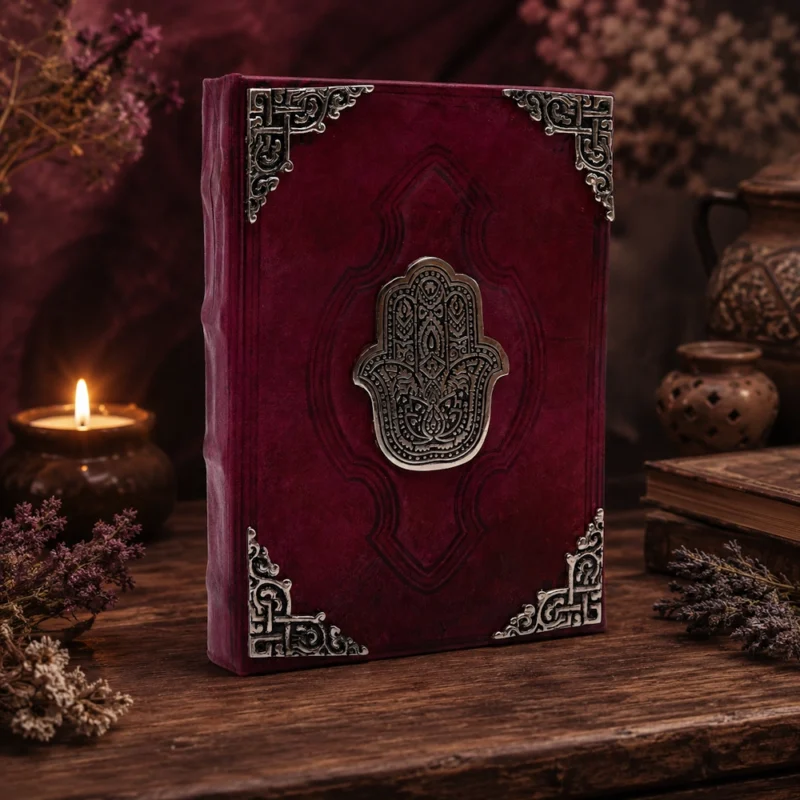 Didelė odinė užrašų knyga su cinko Hamsa dekoru - 200 puslapių neapdorotais kraštais - 26x18 cm