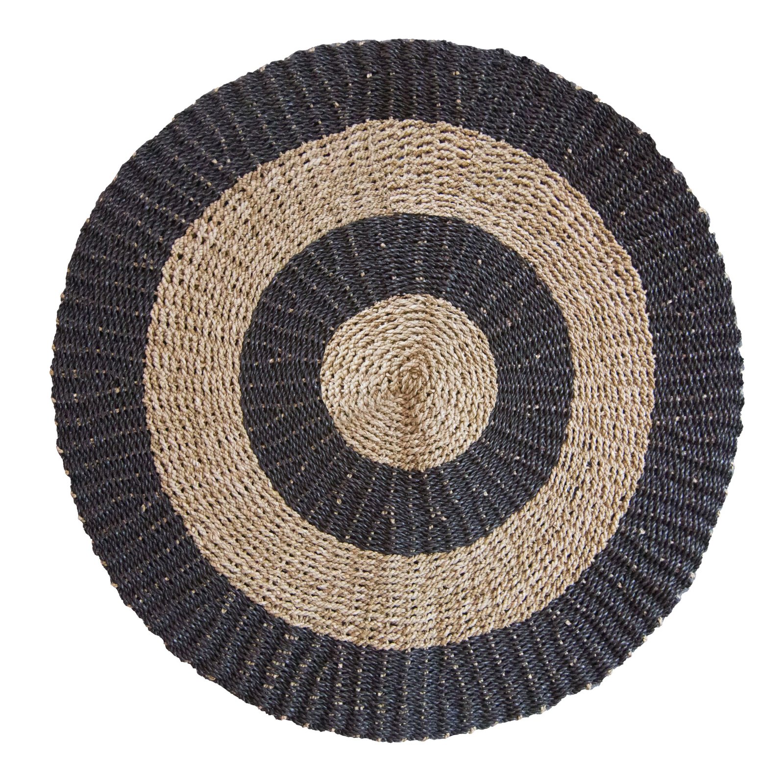 Apvalus jūržolių kilimėlis „Black & Tan Circles“ – natūralus 1 m namų akcentas