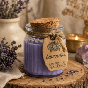 Sojų vaško žvakė indelyje „Lavender“ – ramybės ir jaukaus vakaro šviesa