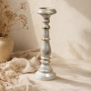 Didelė vintažinė žvakidė „White Gold“ iš albasijos medžio – šviesos ritualui