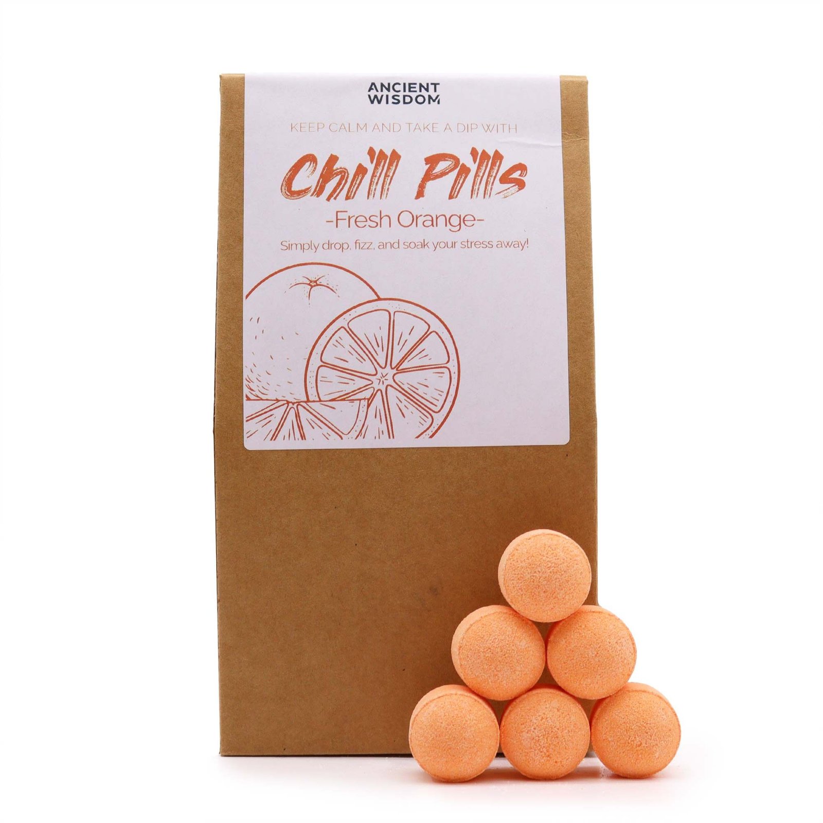Vonios bombų dovanų rinkinys „Chill Pills“ – gaivaus apelsino 350 g kasdienės ramybės ritualas