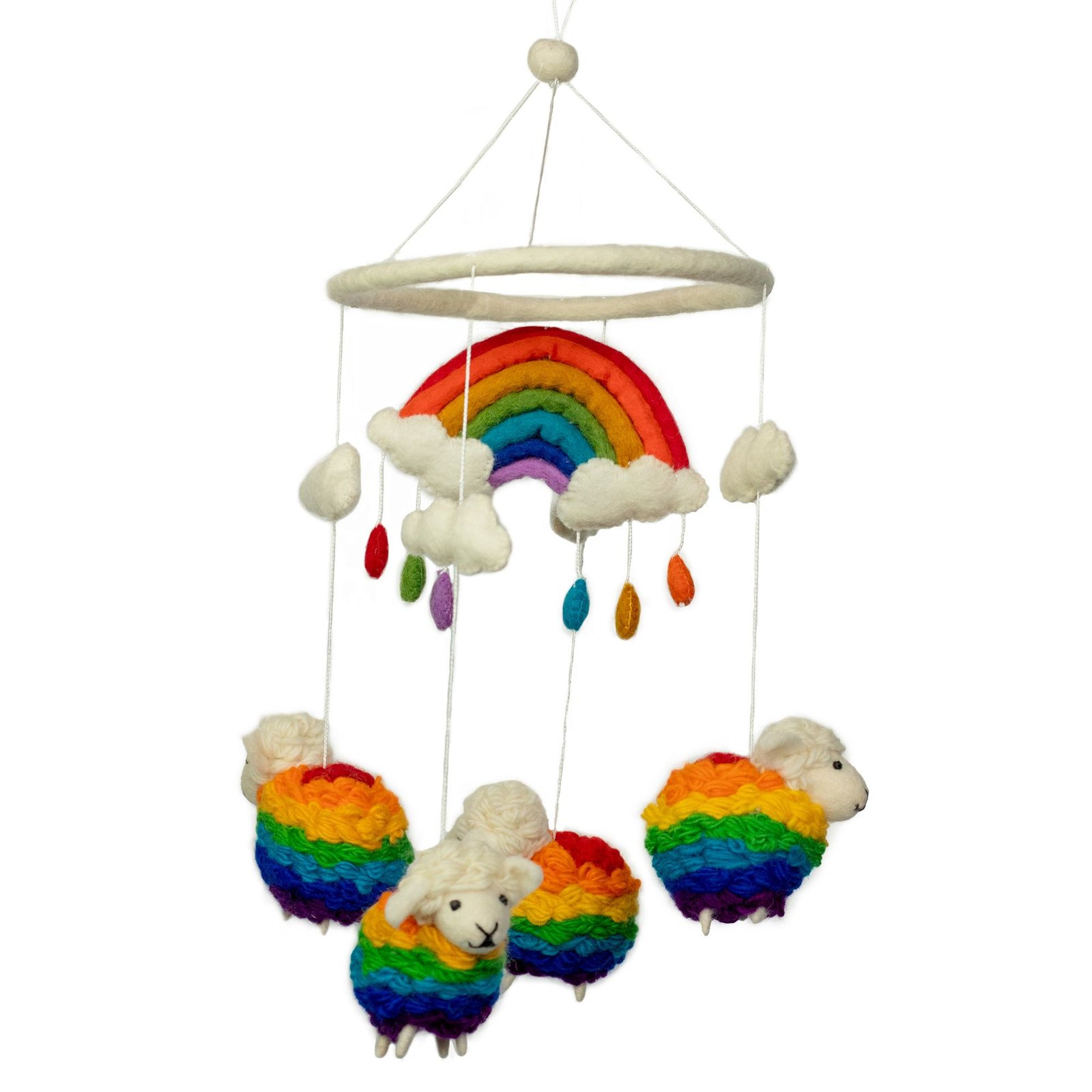 Rankų darbo veltinis kabantis dekoras „Rainbow Sheep“ – švelni spalvų pasaka namams