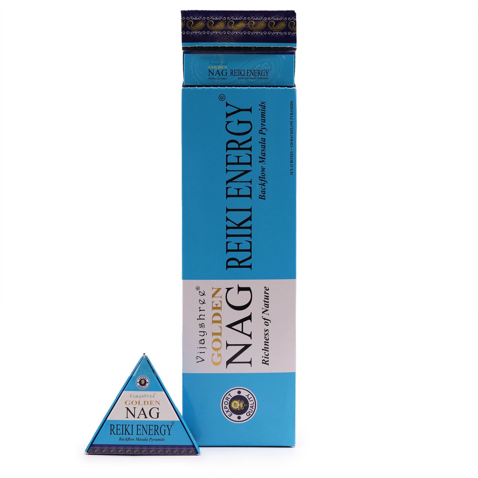 Dideli atgalinio srauto smilkalų kūgeliai „Jumbo Golden Nag Reiki Energy“ – 42 g ritualo ramybei