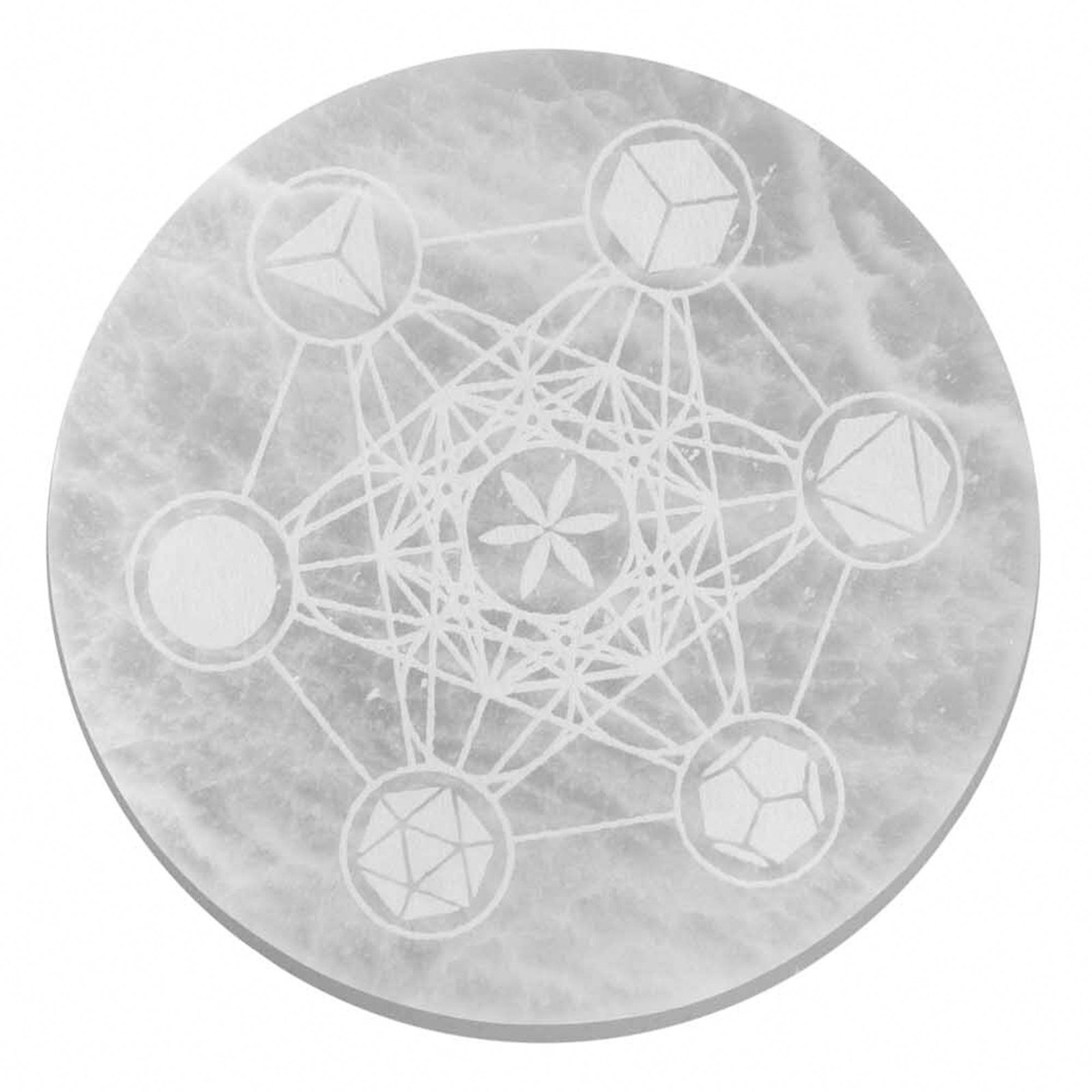 Didelė selenito įkrovimo plokštelė „Sacred Geometry“ – 18 cm šviesos ritualui
