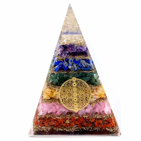 Orgonito piramidė „Seven Chakra Flower of Life“ – 70 mm harmonijos akcentas