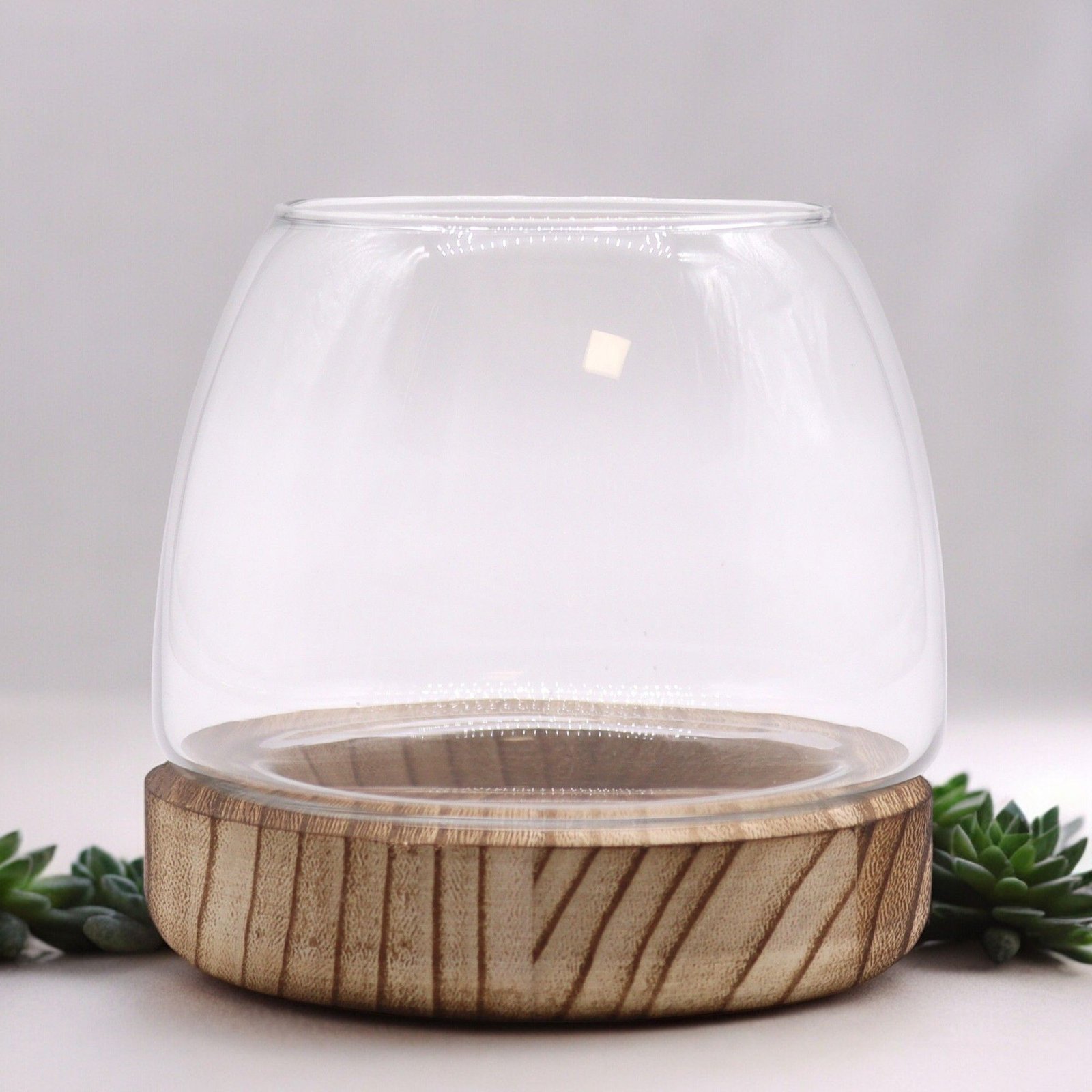 Mažas stiklinis terariumas ant natūralaus tungo medžio – 13 × 13 cm jaukiai paslapčiai