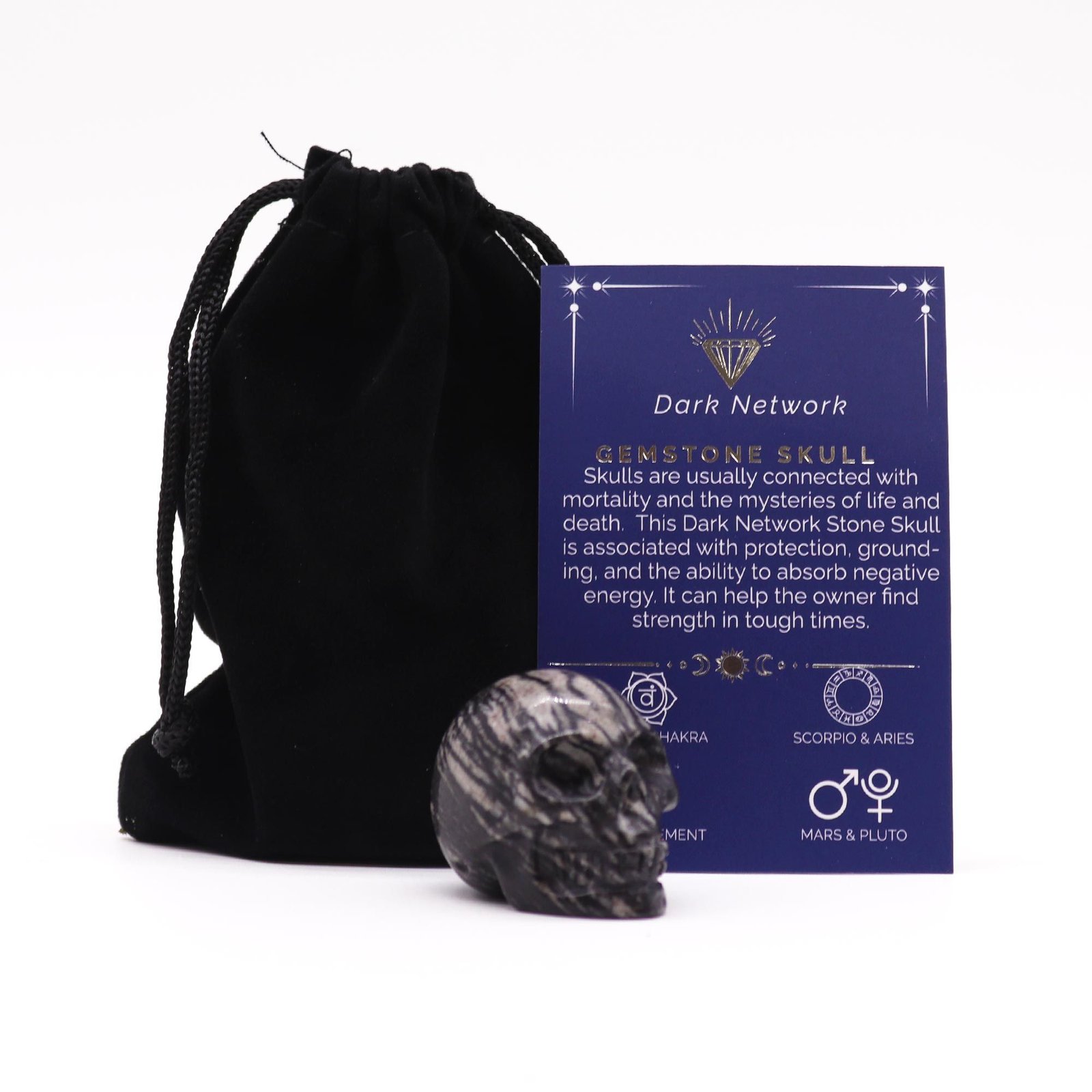 Maža brangakmenio kaukolė „Dark Network Stone“ – paslaptinga 4 cm figūrėlė