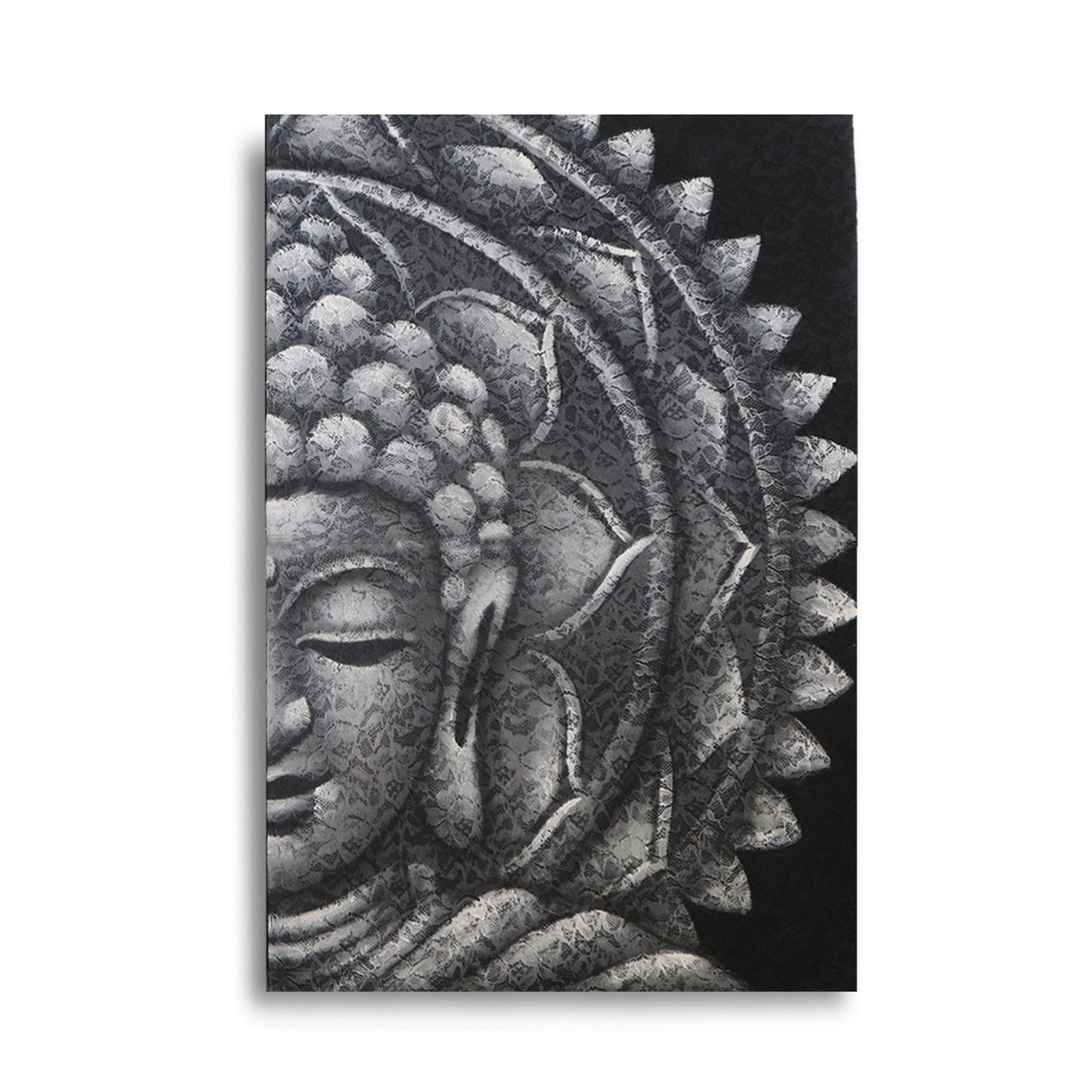 Sienos paveikslas „Grey Half Buddha Mandala“ – 60×80 cm ramybės ir tylos akcentas