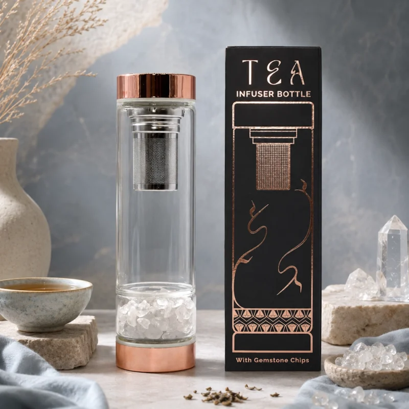 Stiklinė arbatos gertuvė su sieteliu „Rose Gold“ – rožinio kvarco ramybės ritualas