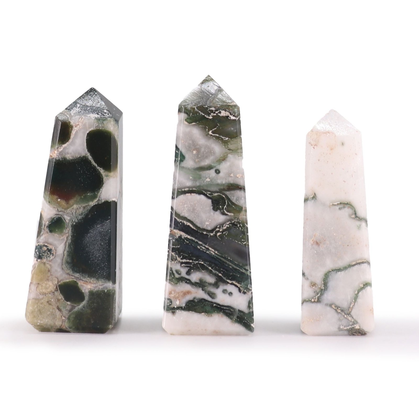 Moss Agate brangakmenio obeliskas apie 5 cm – žemiškos ramybės akmuo