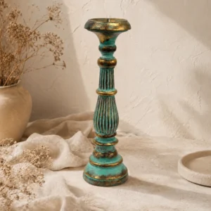 Didelė vintažinė žvakidė „Turquois Gold“ iš albasijos medžio – rankų darbo šviesos akcentas