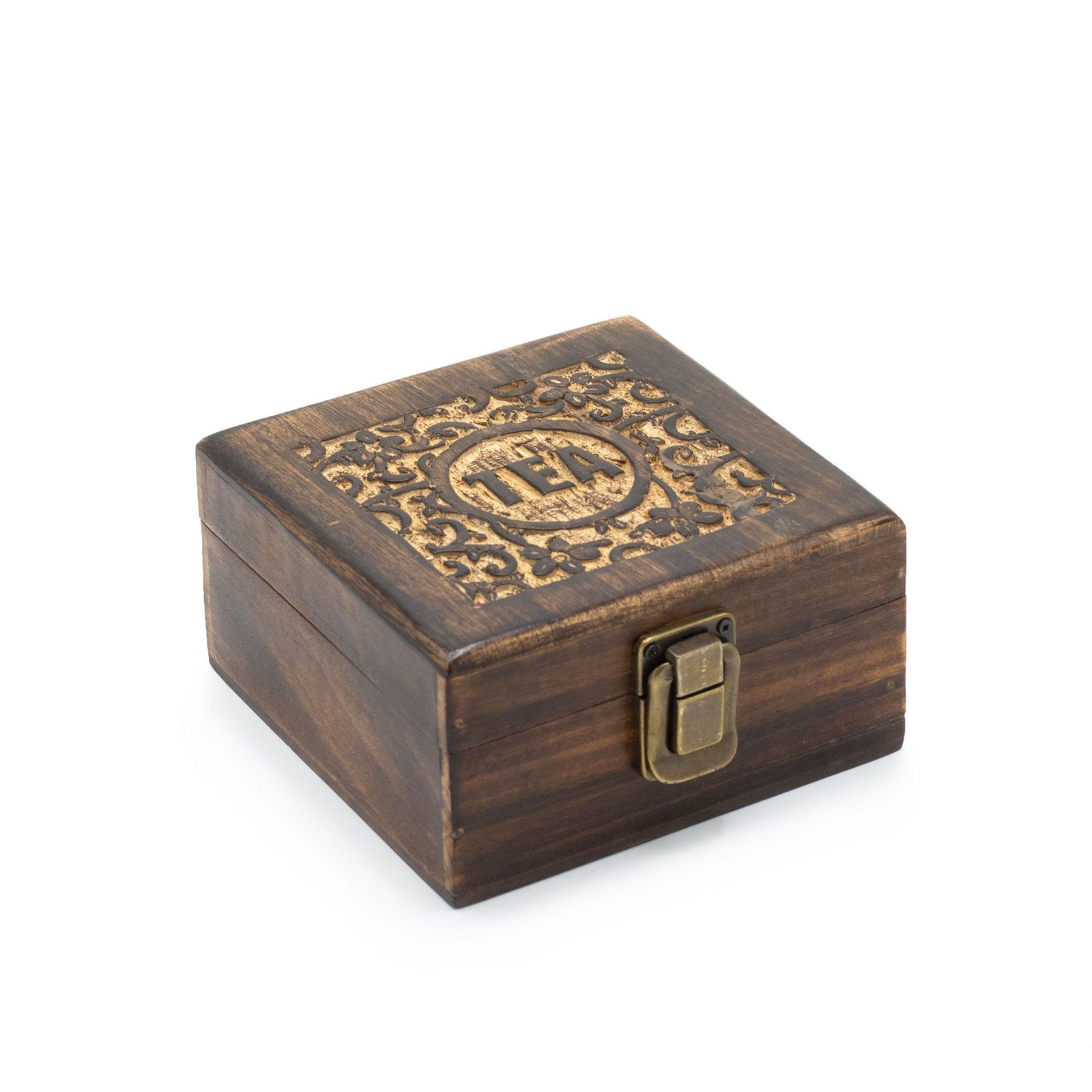 Rankomis drožta mango medienos arbatos dėžutė „Mango Carved Tea Box“ – 4 skyrelių jaukumo ritualas
