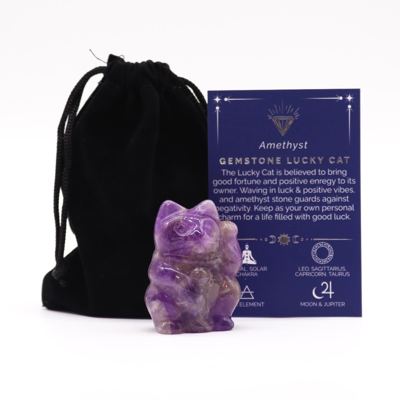 Brangakmenio laimės katinėlis „Amethyst“ – ametisto žaisminga sėkmės figūrėlė