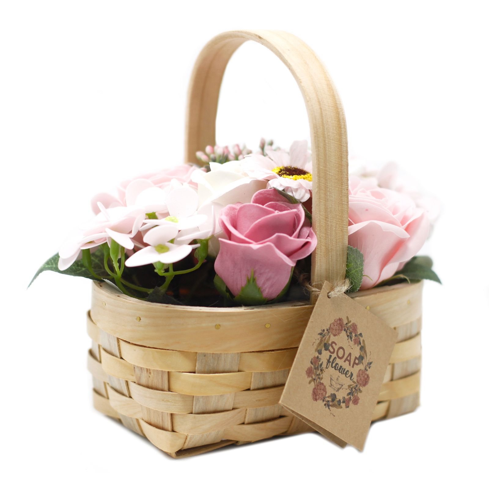Muilo gėlių puokštė „Medium Pink Bouquet in Wicker Basket“ – rožinė jaukumo dovana