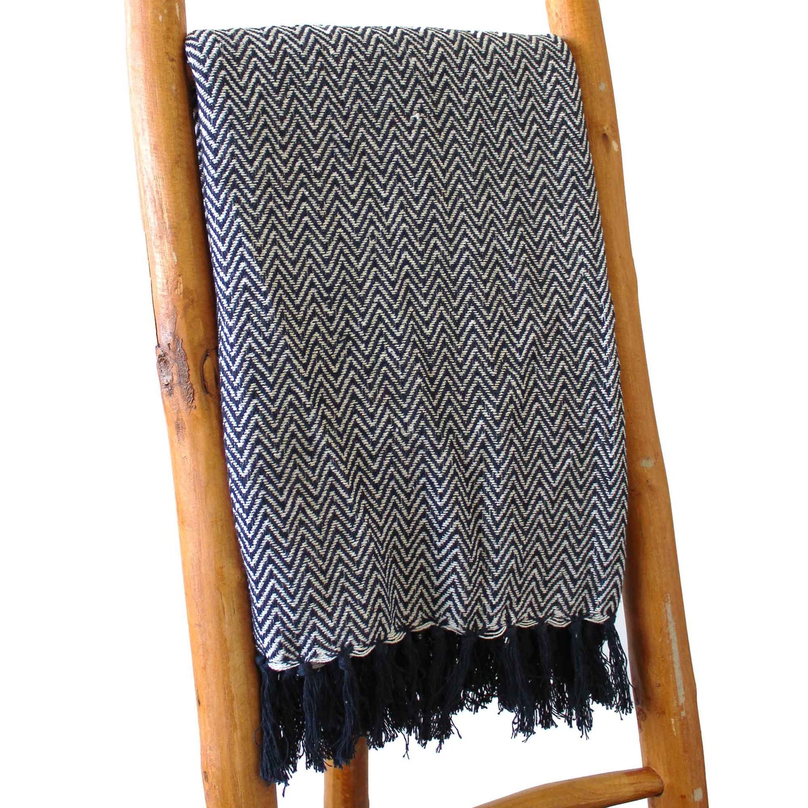 Boho „Comfort Throws“ – tamsiai mėlynas zigzago jaukumo pledas iš medvilnės