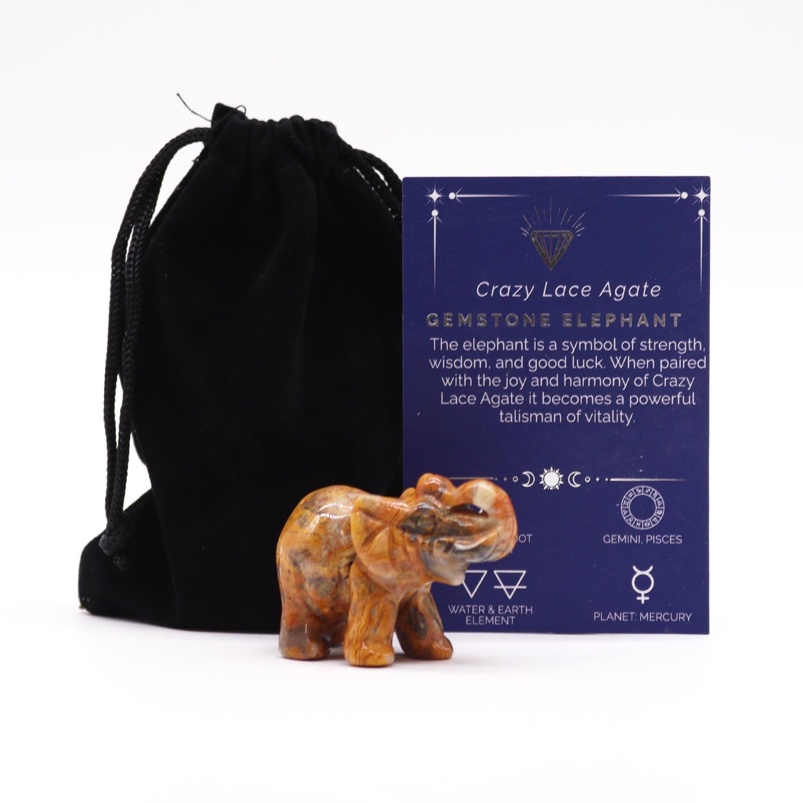 Brangakmenio figūrėlė „Lucky Elephant“ iš crazy lace agato – mažas sėkmės talismanas