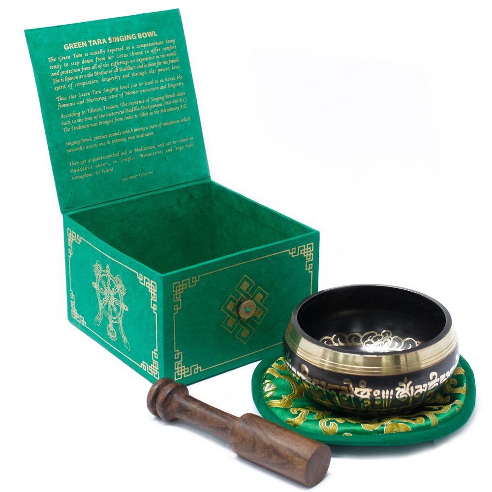Tibeto dainuojantis dubuo „Green Tara“ 10 cm – žalios ramybės ritualo rinkinys