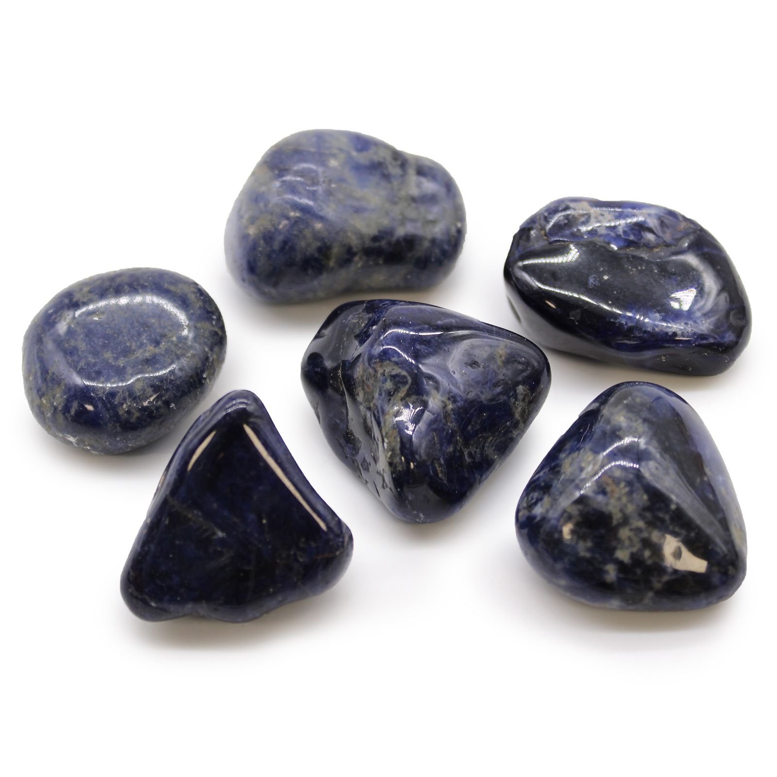 6 didelių gludintų sodalito akmenų rinkinys „Pure Blue“ – mėlynos ramybės paslaptis