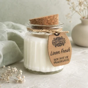 Sojų vaško žvakė indelyje „Linen Fresh“ – švaraus lino aromato ramybė namams