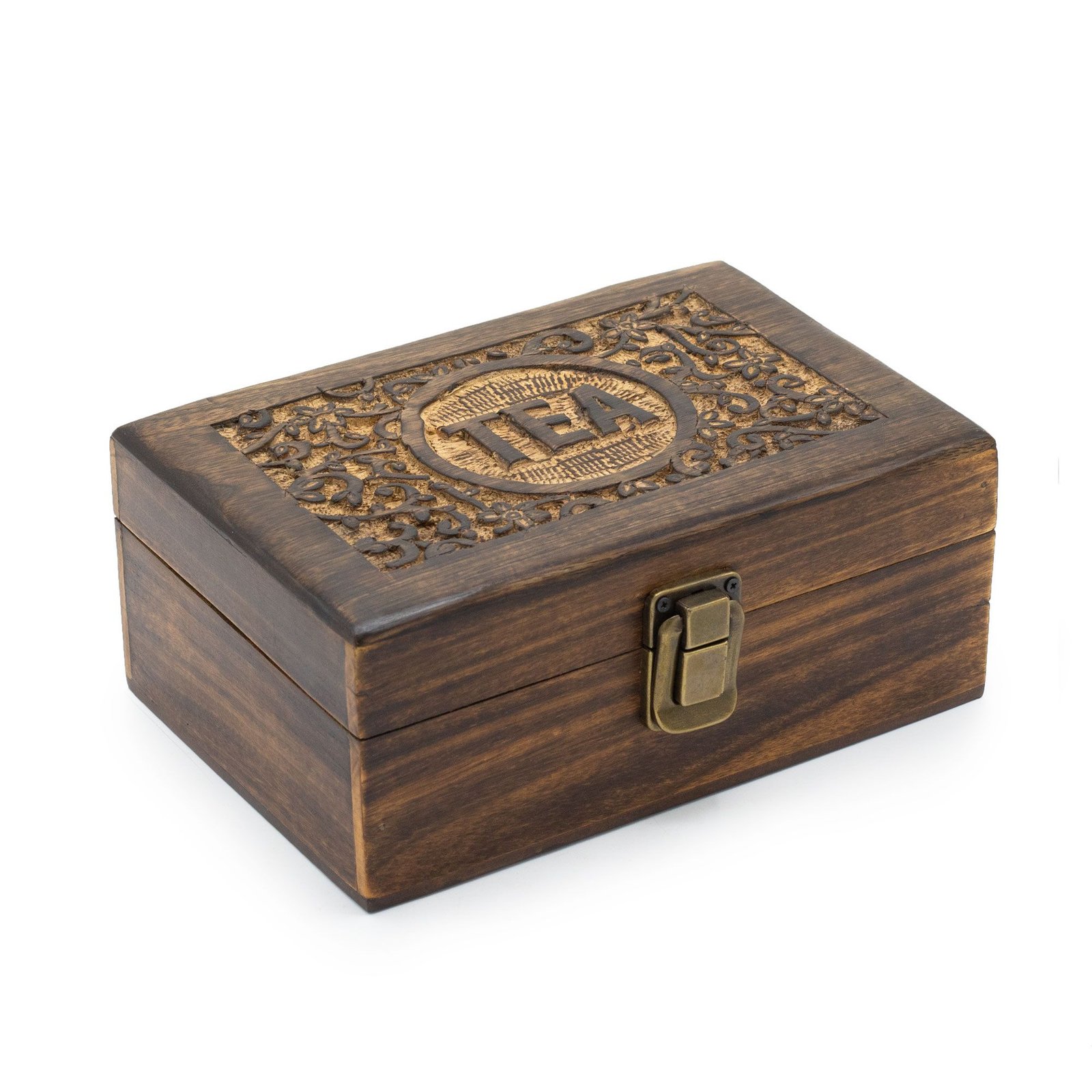 Rankomis drožta mango medienos arbatos dėžutė „Mango Carved Tea Box“ – 6 skyrelių jaukumo ritualui