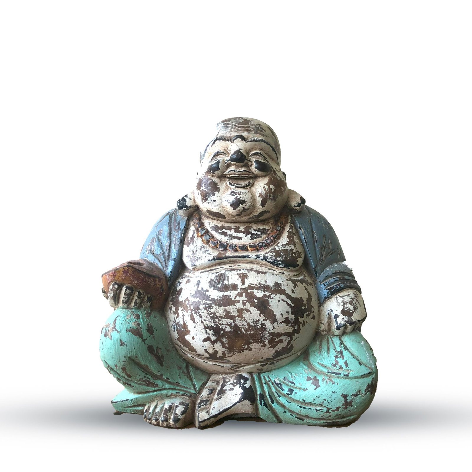 Rankomis drožta Budos statula „Happy Buddha“ – vintažinė mėlynos mėtų ramybės figūra, 30 cm