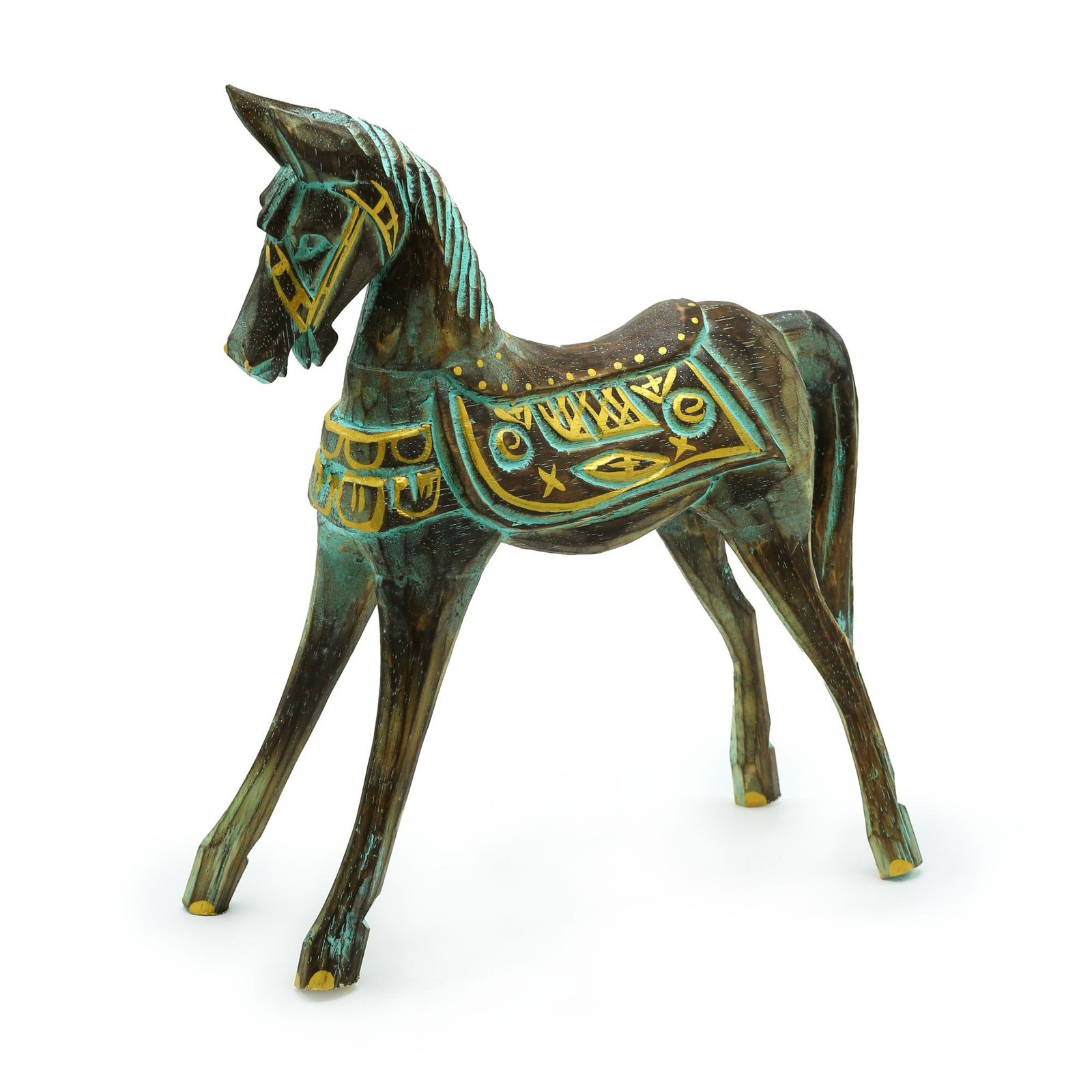 Didelė dekoratyvinė arklio figūrėlė „Gold & Turquoise Horse“ – 32 cm medžio paslaptis