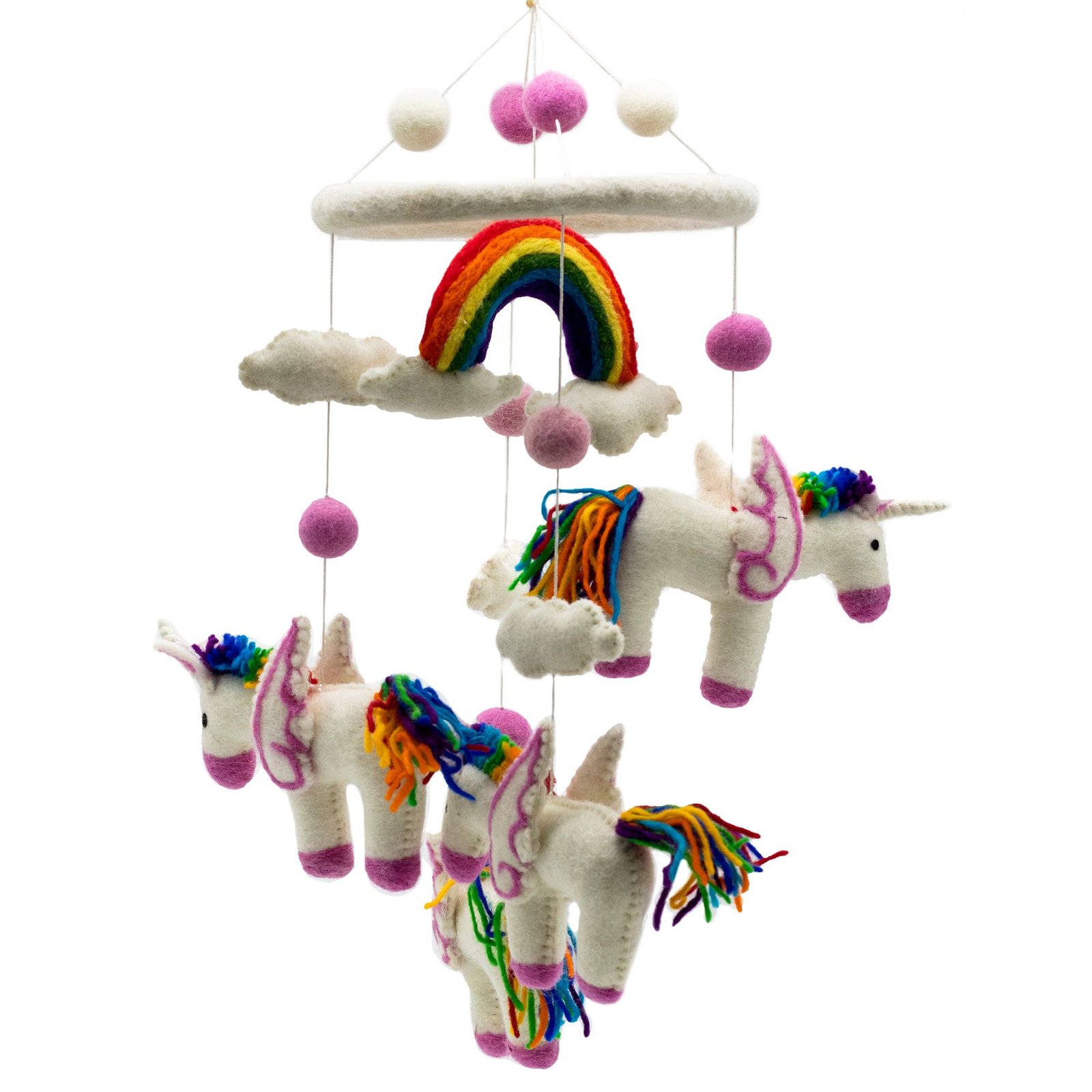 Rankų darbo veltinis mobilis „Vaivorykštės vienaragiai“ – švelni svajonių kabanti puošmena