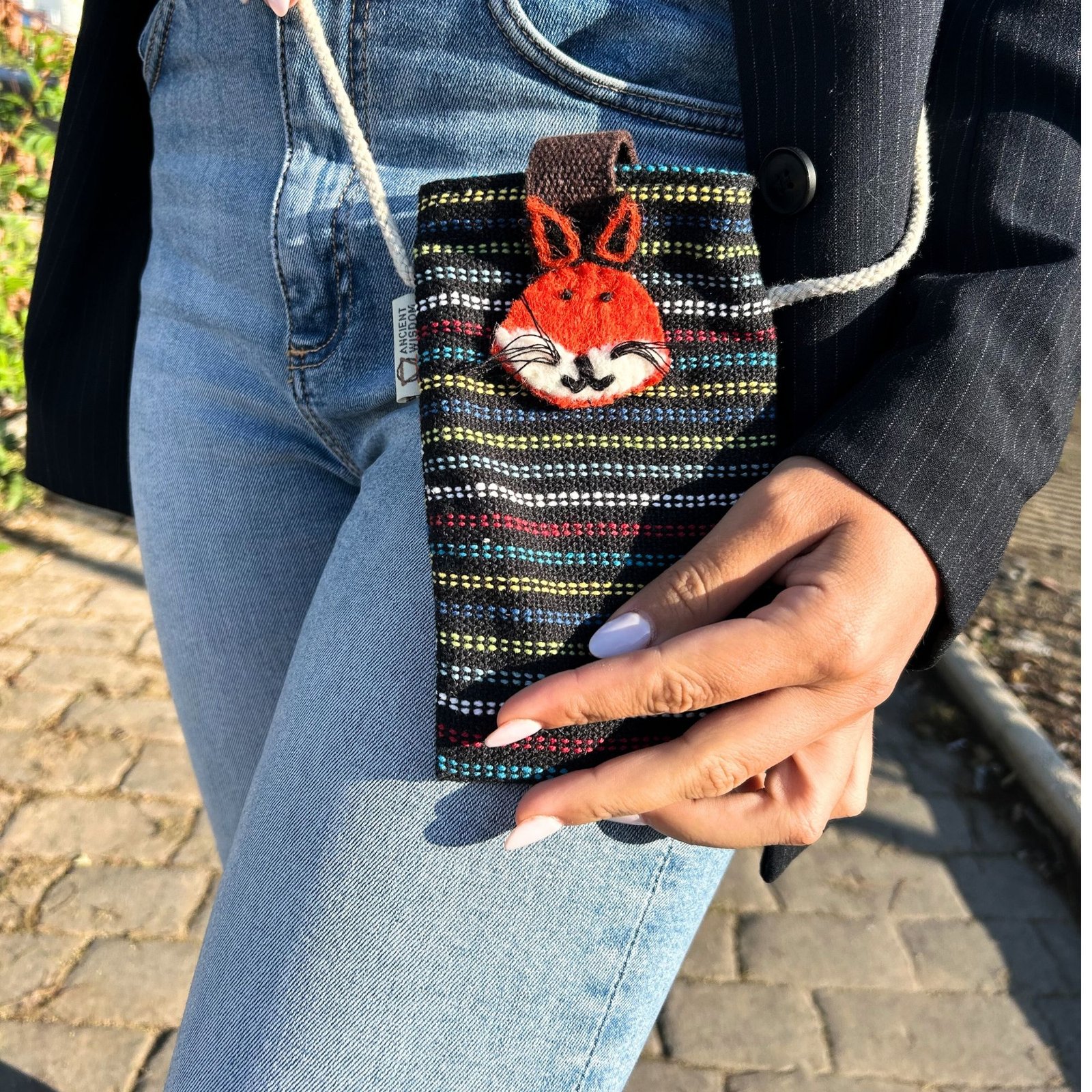 Telefono laikiklio krepšys „Fox decor“ – juodas medvilnės žavesys kasdienai
