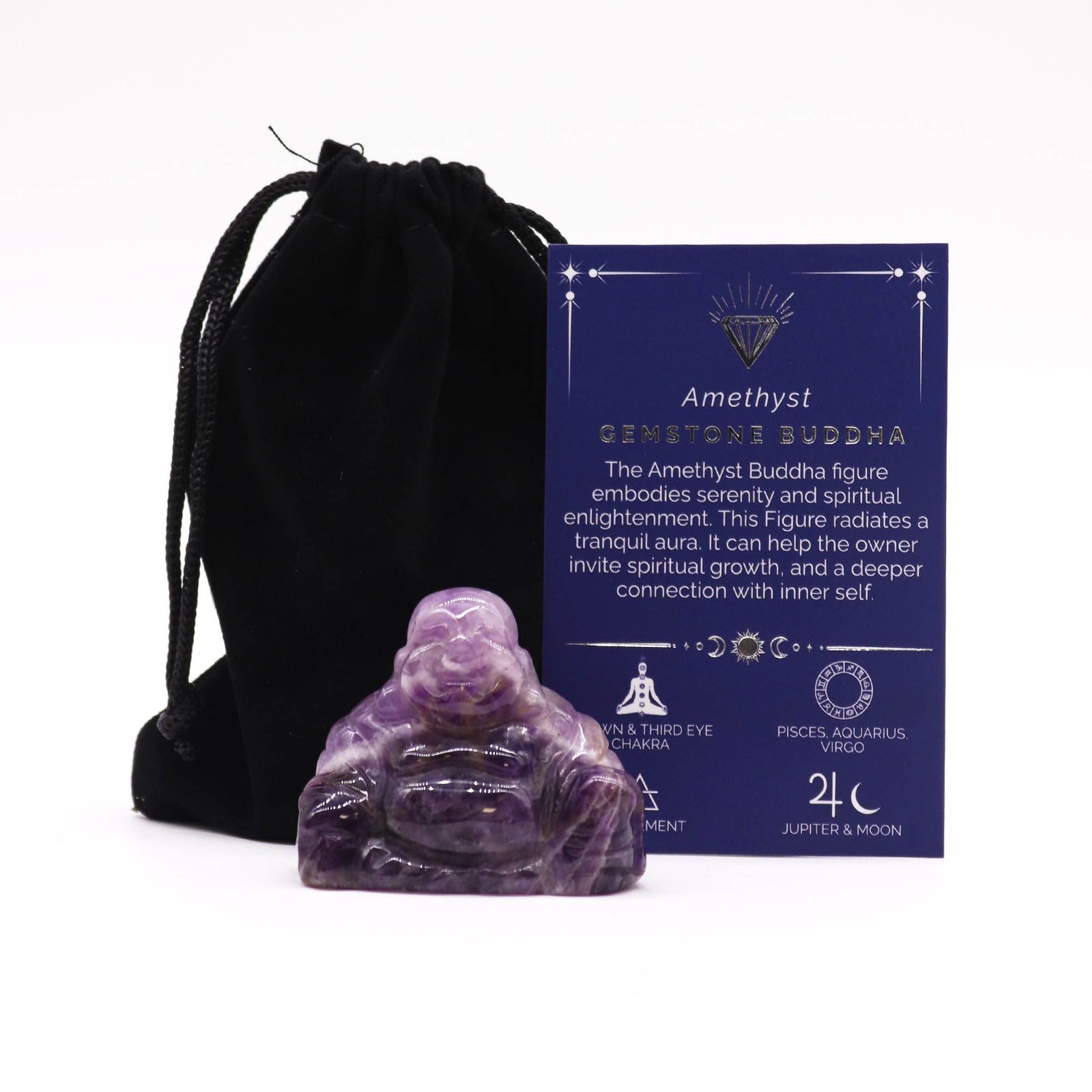 Brangakmenio Budos figūrėlė „Amethyst“ – mažas ramybės ir tylos akcentas