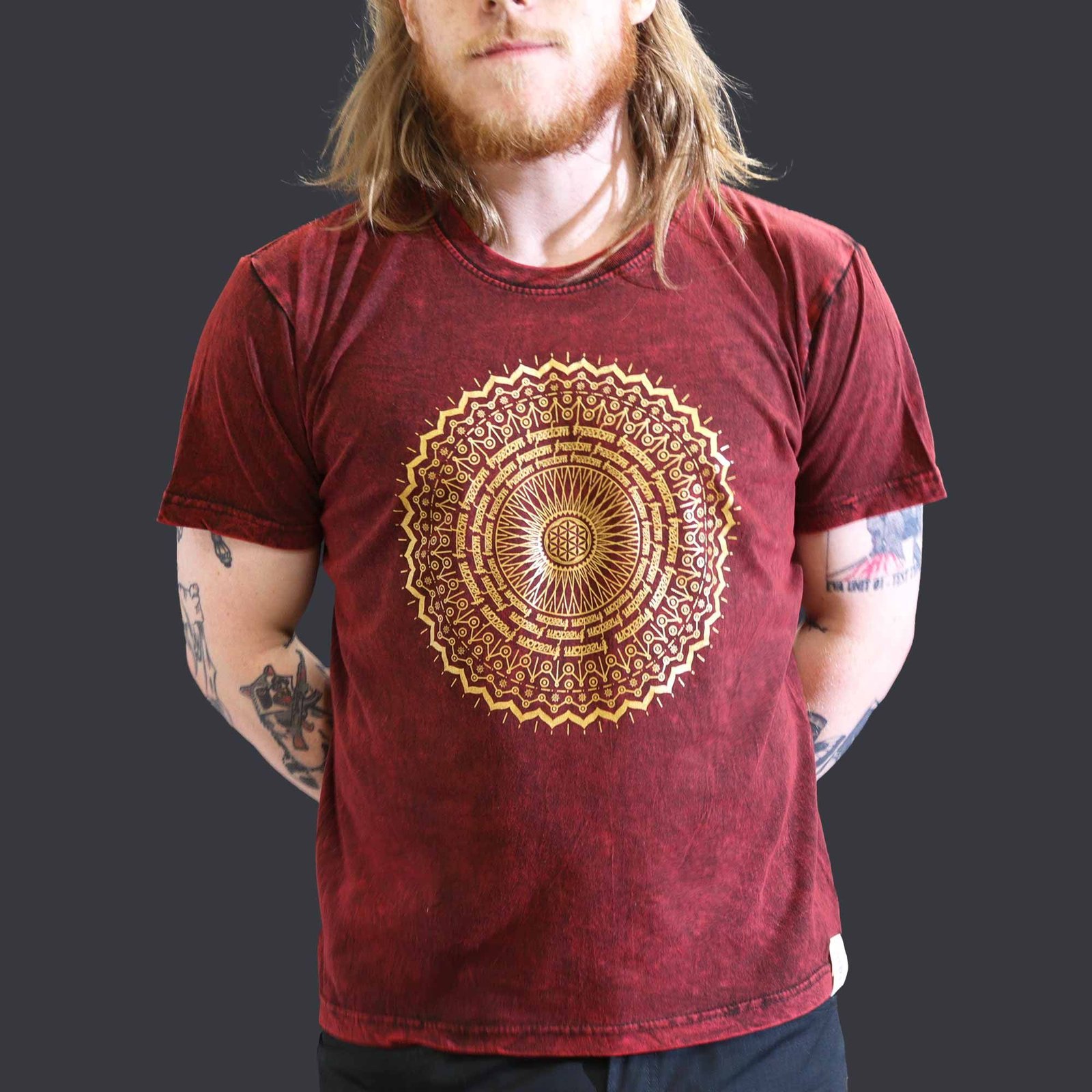 Skalbto efekto medvilniniai marškinėliai „Nomad Sari Mandala“ – maroon, L dydis