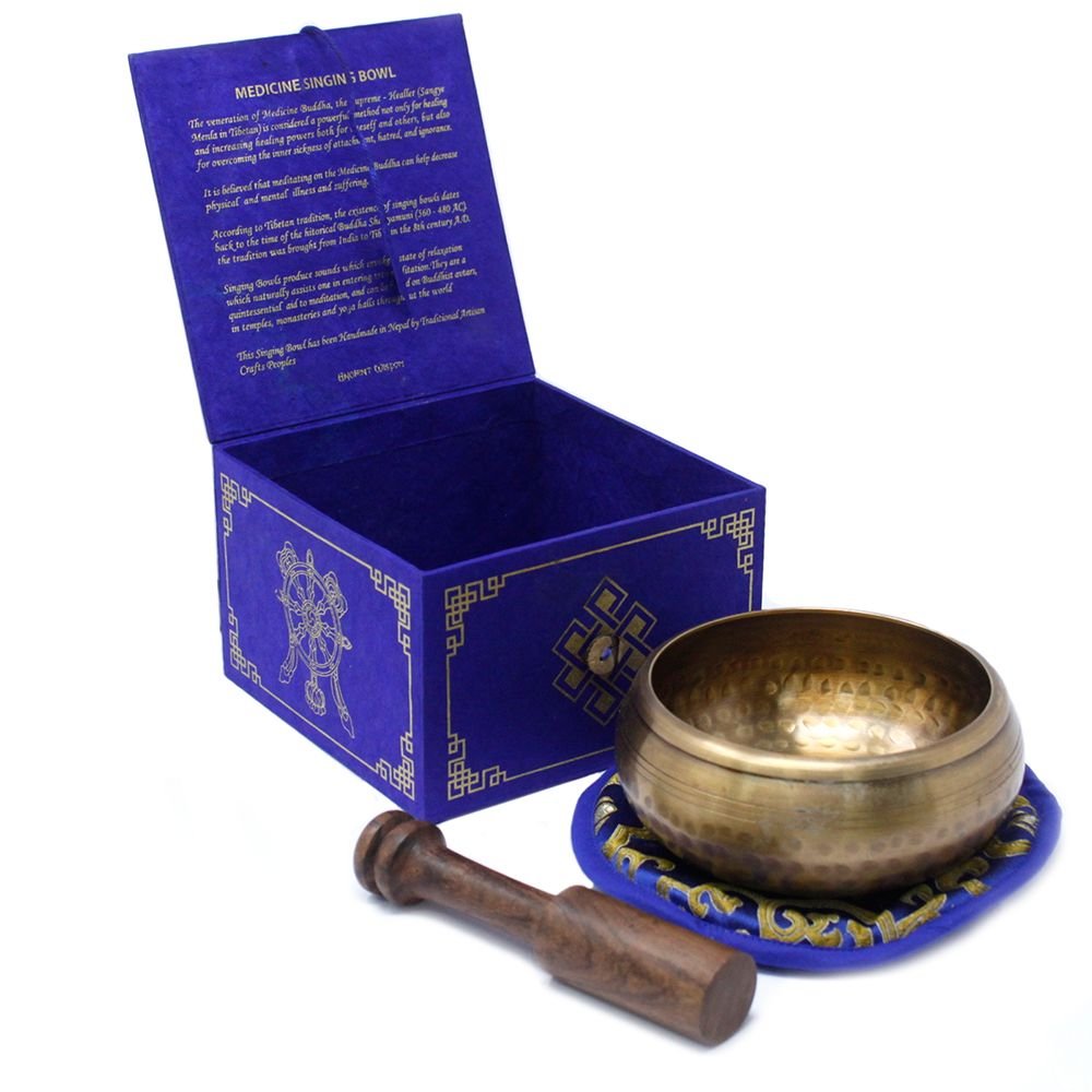 Tibeto dainuojantis dubuo „Medicine Buddha“ 10 cm – žalvario ramybės ritualas