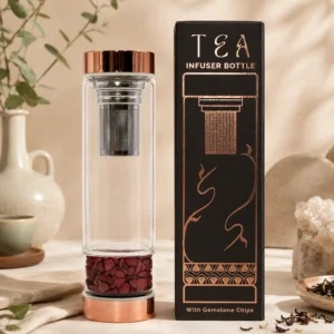 Stiklinė arbatos gertuvė su sieteliu „Rose Gold“ – raudonojo jaspio ramybės akcentas