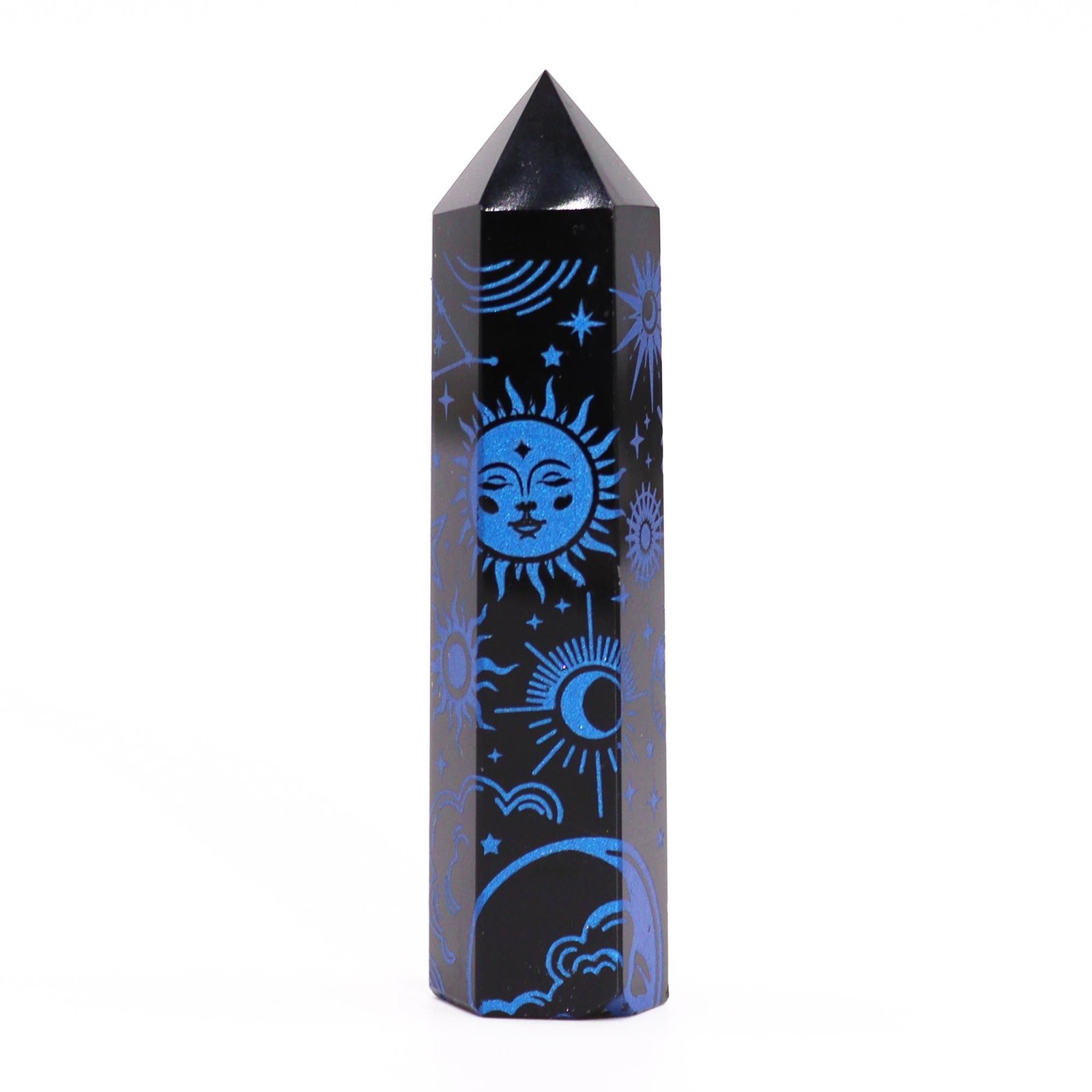 Juodojo obsidiano kristalo smaigalys „Mystic Story“ – nakties mėlynumo paslaptis