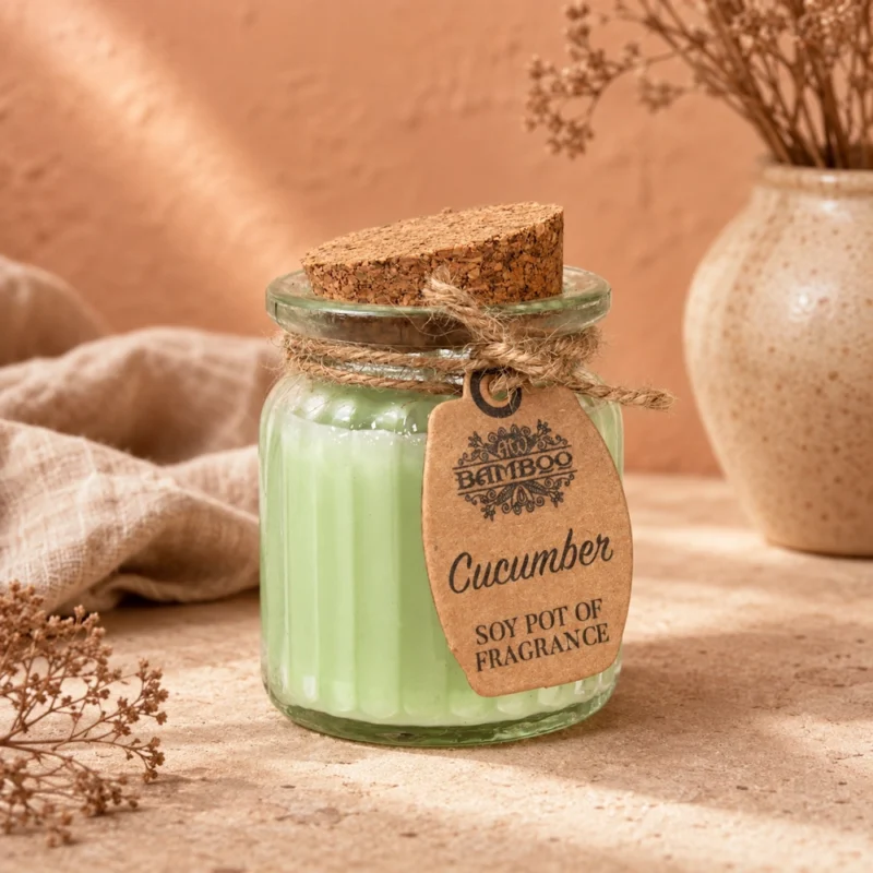 Sojų vaško žvakė indelyje „Cucumber“ – gaivaus žalumo ramybės akimirka