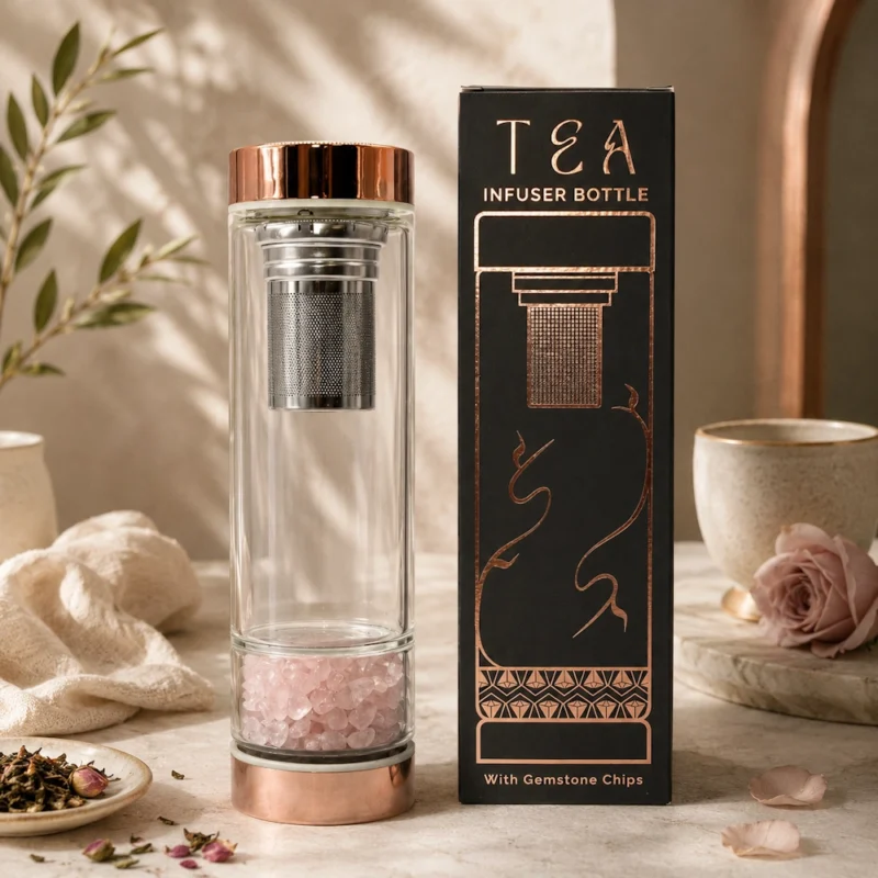 Stiklinė arbatos gertuvė su sieteliu „Rose Quartz“ – rožinio aukso kasdienės ceremonijos akcentas