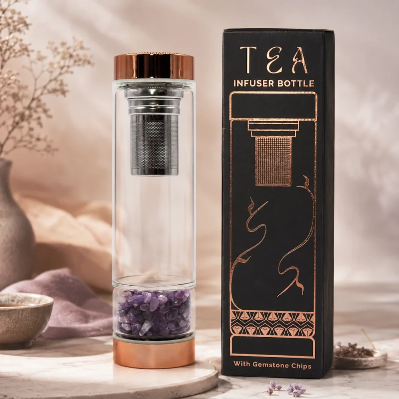 Stiklinis arbatos gertuvės infuzorius „Amethyst“ – rožinio aukso kristalo ritualui