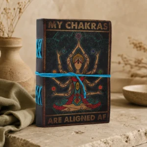 Odinė užrašinė „My Chakras Are Aligned AF“ – vintažinio stiliaus ritualų dienoraštis
