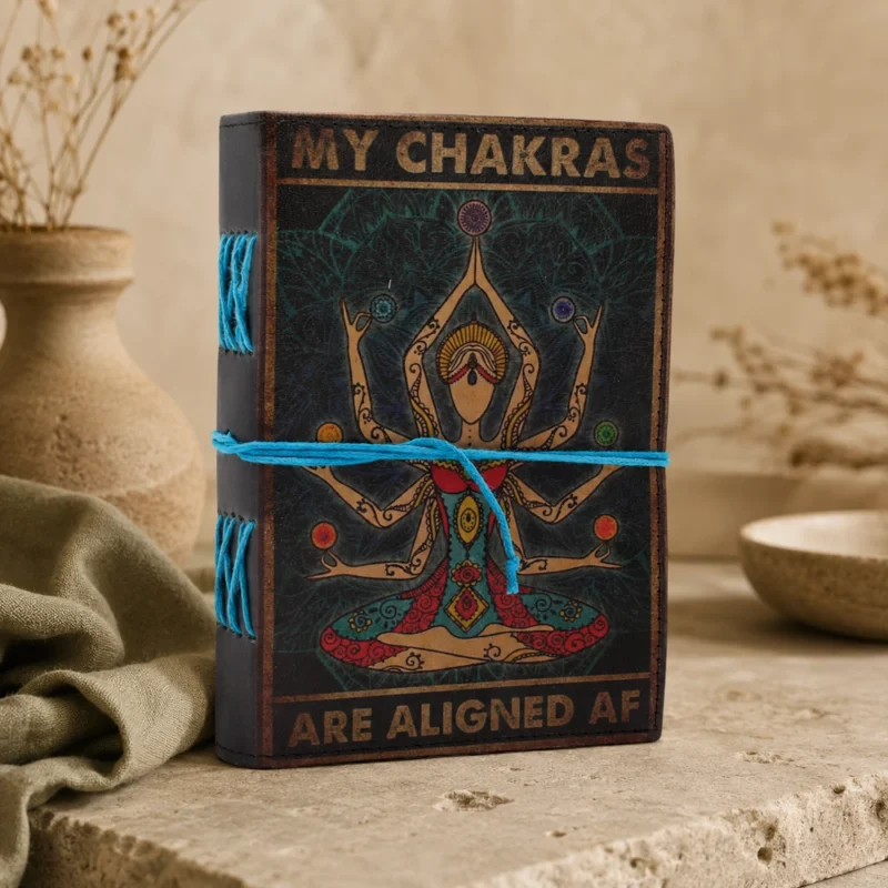 Odinė užrašinė „My Chakras Are Aligned AF“ – vintažinio stiliaus ritualų dienoraštis