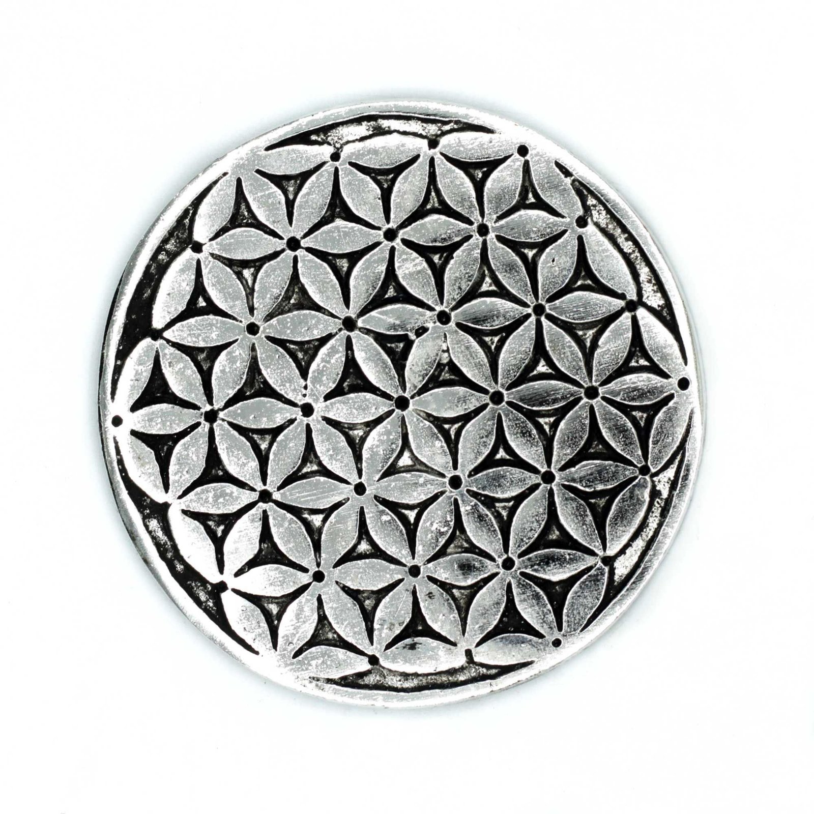 Smilkalų laikiklis „Flower of Life“ – poliruoto aliuminio šviesos ritualo akcentas 11 cm
