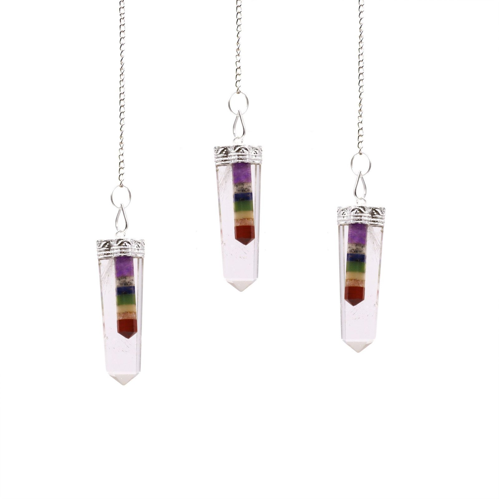 Švytuoklė „7 Chakra Bounded Thin Point Flat Pendants“ – kristalo ir sidabru dengtos grandinėlės magija