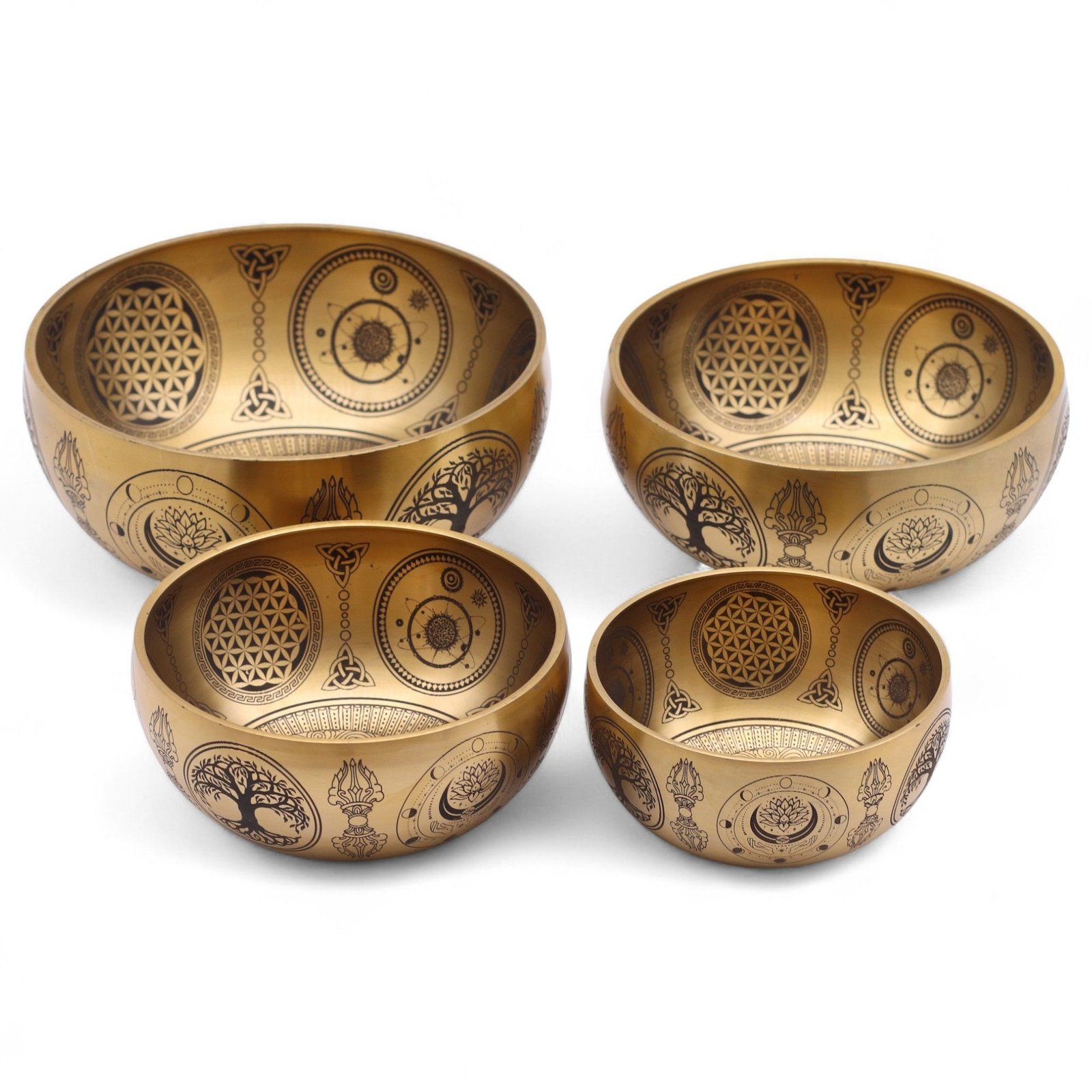 Tibeto dainuojančių dubenų rinkinys „Pure Brass Etched Buddha“ – 4 žalvario dubenys ritualo tylai