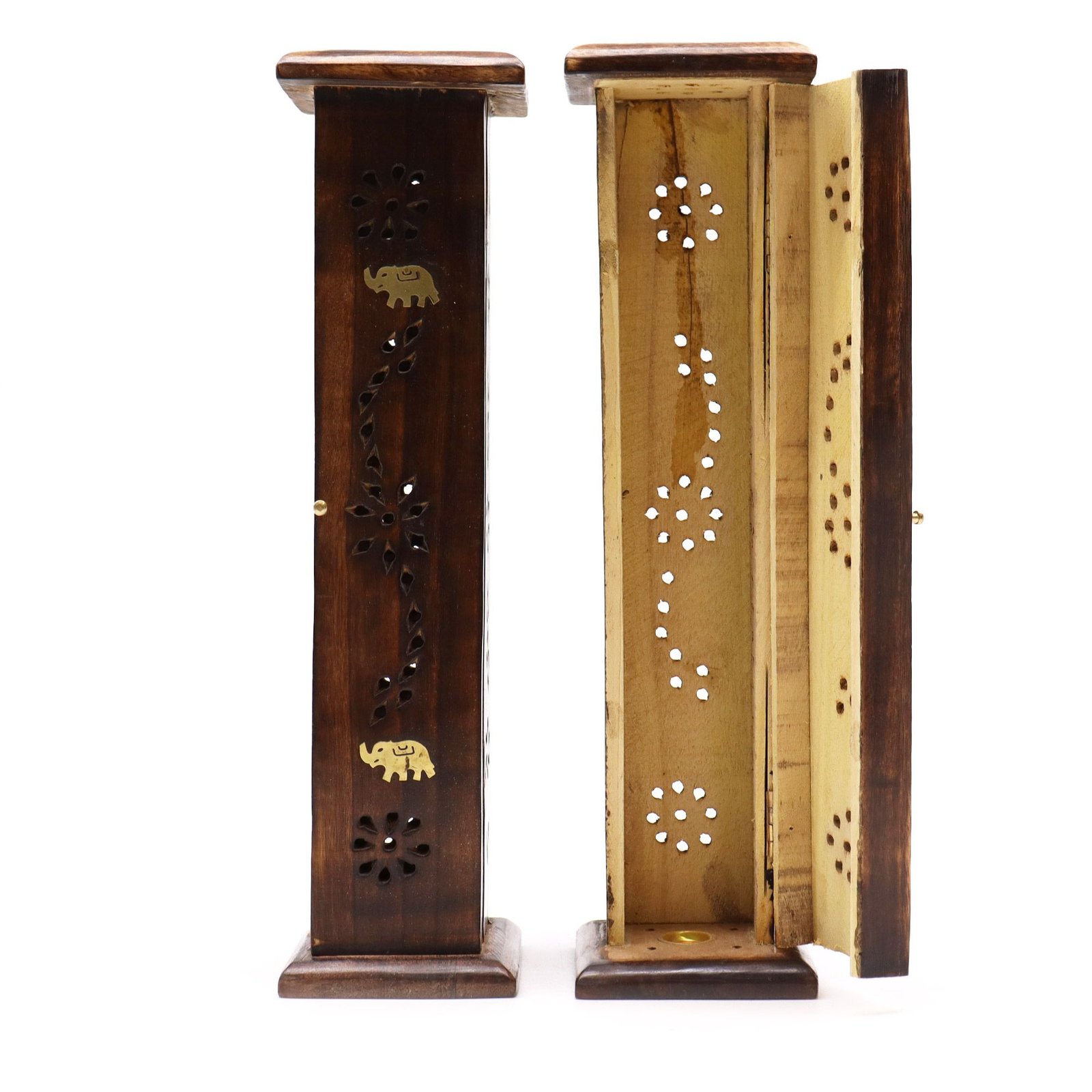 Smilkalų laikiklis „Square Incense Tower“ – mango medžio ir žalvario inkrustacijos ritualui