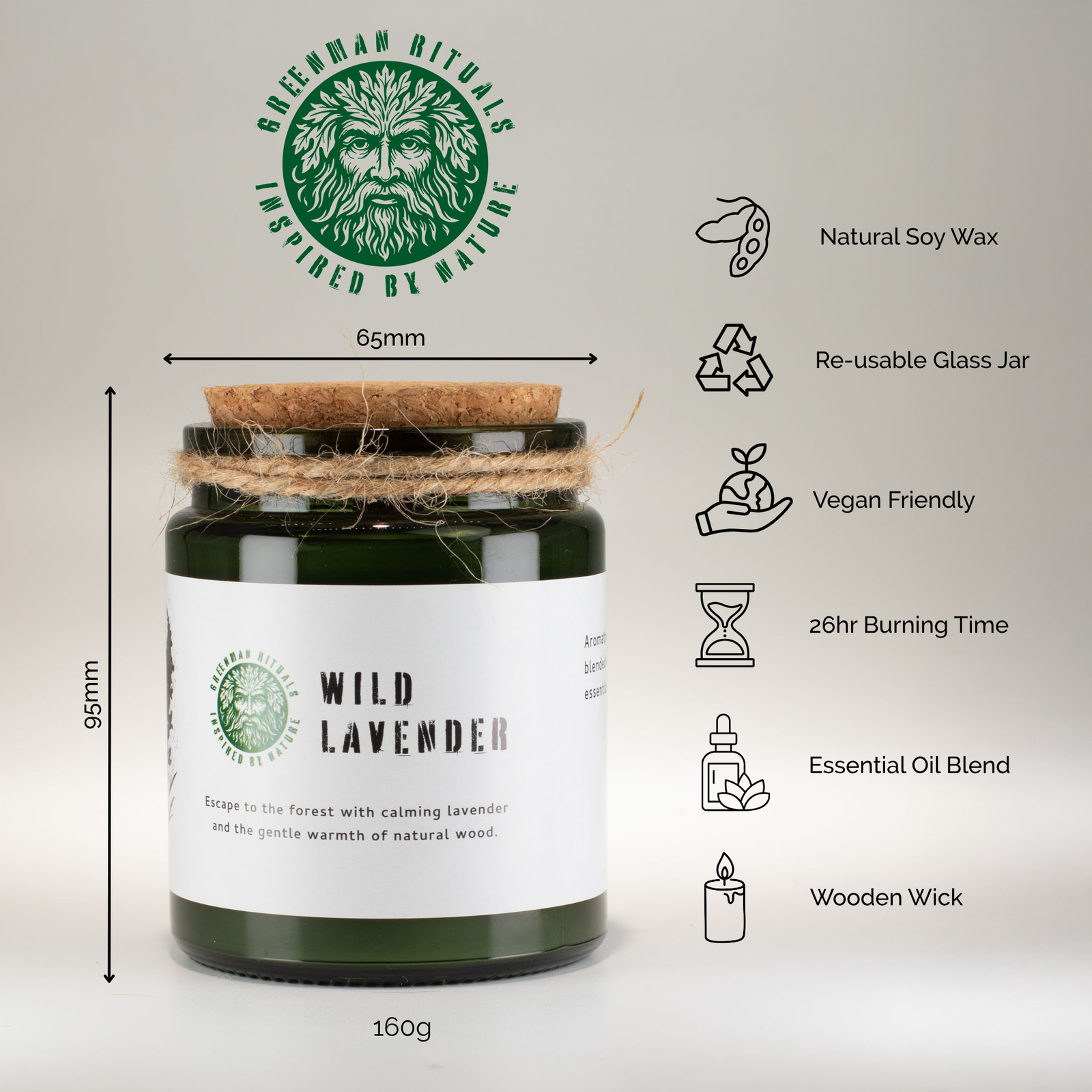 Sojų vaško žvakė „Wild Lavender“ – žaliosios ramybės ritualas su medine dagtimi