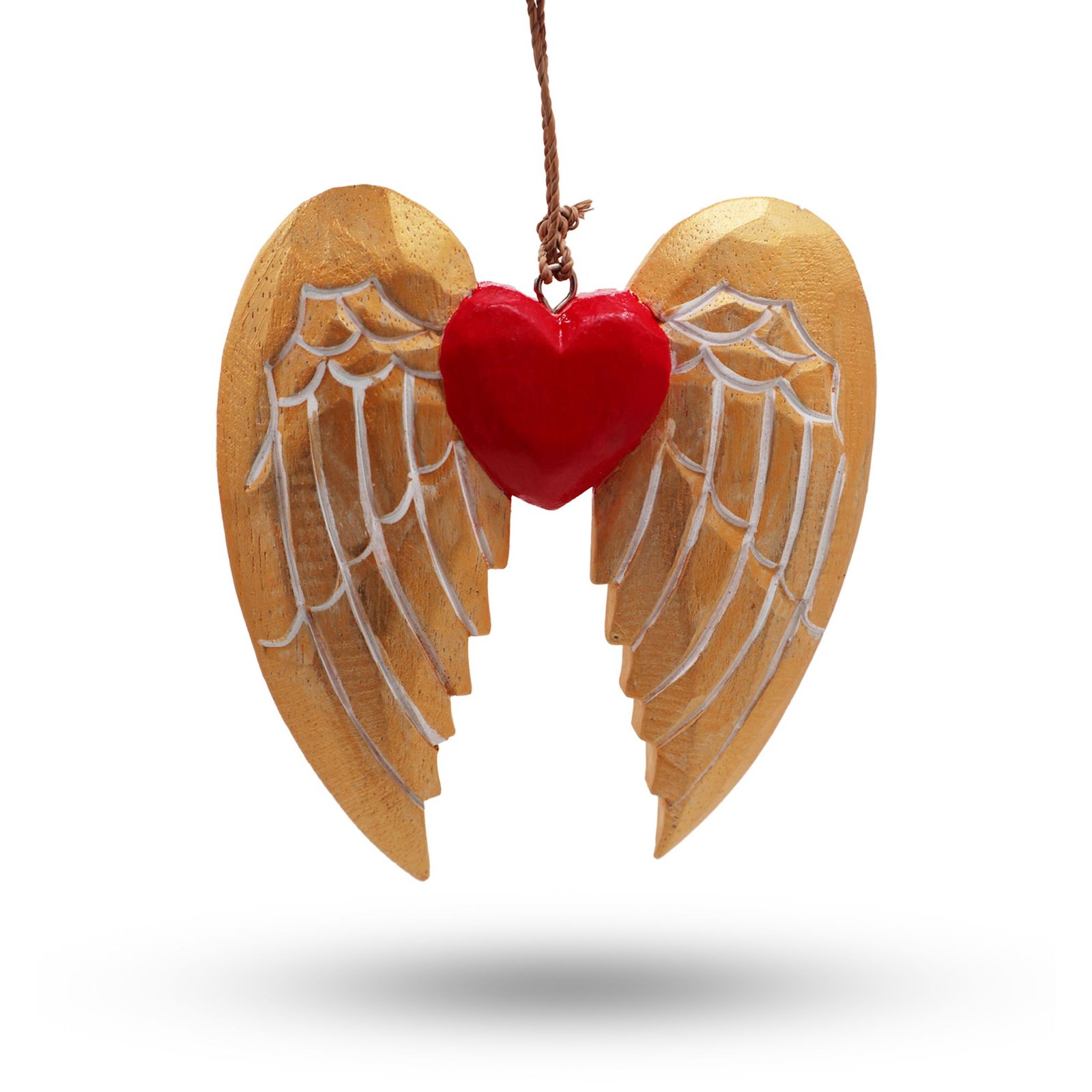 Kalėdinė medinė dekoracija „Gold Xmas Angel Wing & Heart“ – balto akcento šventinė paslaptis