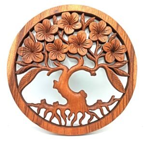 Gyvybės medžio medinė plokštė „Frangipani“ – 40 cm suar medžio ramybė